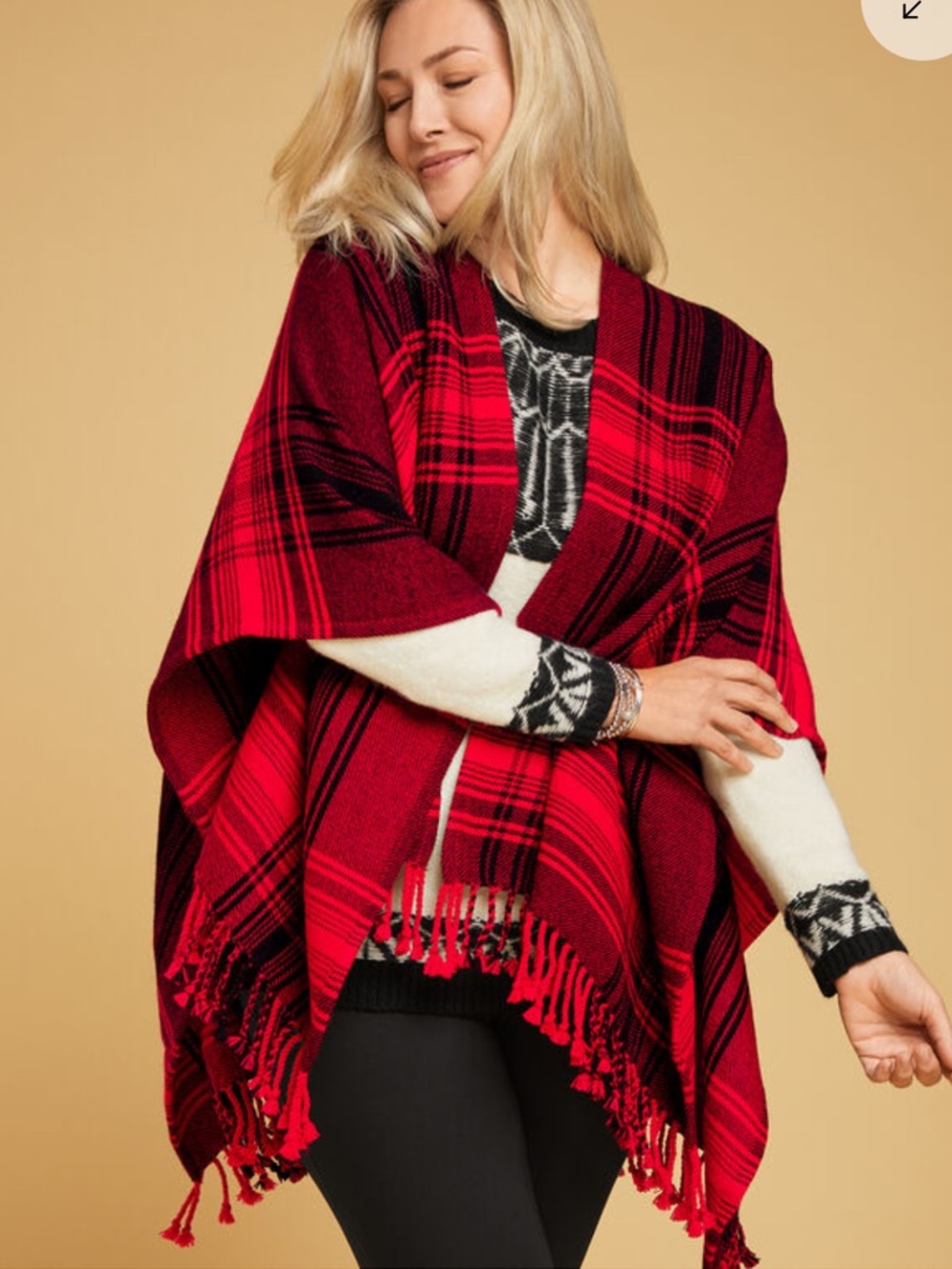 Talbots Red and Black Plaid Wool Blend Poncho with Fringe One Size - Picture 2 of 10